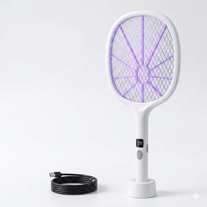 Raquette Anti-Moustique Électrique 2-en-1 - Lampe UV Automatique & Rechargeable USB - Blanc