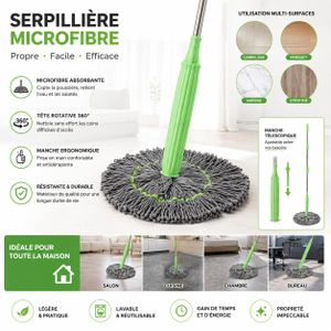 Serpillière Ronde en Microfibre Rotative 360° avec Manche Télescopique