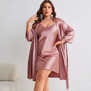 Ensemble de Nuit Femme 2 Pièces en Satin avec Nuisette et Déshabillé – Rose poudré