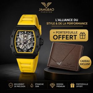 Megir Montre à Quartz de Sport pour hommes - MN2218G jaune bracelet en Silicone, chronographe, cadran acier inoxydable etanche P0RTEFEUILLE OFFERT