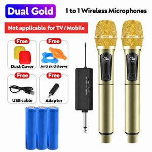 Microphone sans fil, Microphone sans fil double UHF rechargeable, Double micro sans fil dynamique portatif pour le chant karaoké, les mariages, les DJ, les fêtes, les discours, l'église, l'utilisation en classe, Système PA, Couleur dorée