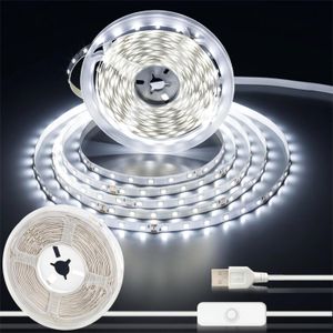 ShebSheb Bande lumineuse LED blanche 5M/16,4ft, alimentée par USB, interrupteur manuel intégré, éclairage blanc simple pour usage domestique