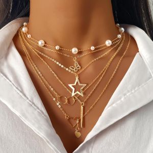 6pcs Set Heart Butterfly Long Pendentif Exquis à la mode tous les jours Rencontres Vacances Navette élégant collier polyvalent cadeau pour petite amie