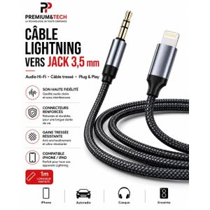 Câble Audio Lightning vers Jack 3,5 mm - Câble Auxiliaire Hi-Fi Nylon Tressé Pour iPhone et iPad, Autoradio, Casque et Enceinte - 1M
