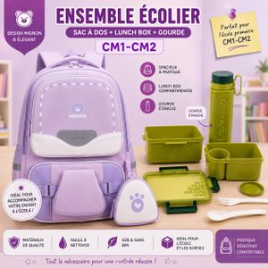 Pack Scolaire CM1-CM2 4 Pièces – Sac à Dos, Boîte à Déjeuner, Gourde et Trousse – Violet
