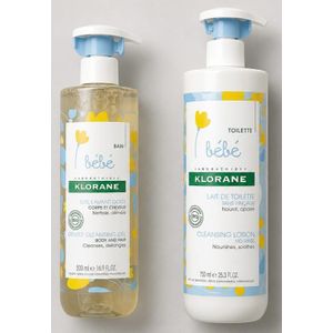 Duo : Lait Corps Nourrissant 750ml + Gel Lavant Doux Corps et Cheveux 500ml KLORANE Bébé Dès La Naissance Importé De France 