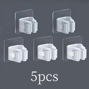 Ensemble de 5 supports pour balais et serpillères faciles à installer et sans perçage - Crochets de rangement adhésifs muraux durables pour organiser les salles de bains et les zones utilitaires, crochets utilitaires