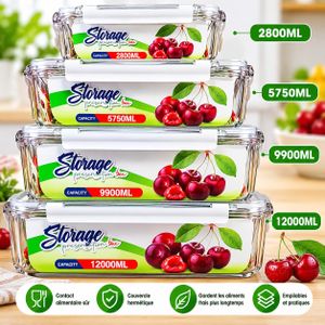 Lot de 4 Boîtes de Conservation Alimentaire en Verre avec Couvercles Hermétiques – 2,8 L à 12 L