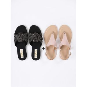 Bibas Lot de 2 sandales  noires – Perlées & Bride T avec bracelet cheville