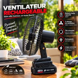 Ventilateur Rechargeable Portable 48VF MAX 18000 – Mini Ventilateur Sans Fil 3 Vitesses, Tête Orientable & Batterie Haute Capacité pour Maison, Bureau, Camping & Voiture