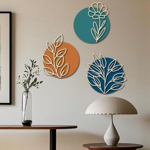 Art mural en bois fait main en 3 pièces - Design de feuille bohème, thème naturel rustique, décoration en bois a-rtificiel de style classique en bleu, vert et orange.