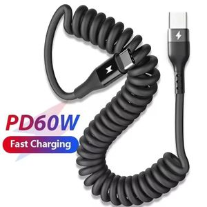 Câble USB-C rétractable à ressort 5 A PD 66 W, 1,5 m, avec âme en cuivre épais et âme extensible, pour charge rapide en voiture. Compatible avec téléphones, tablettes et ordinateurs portables Android.