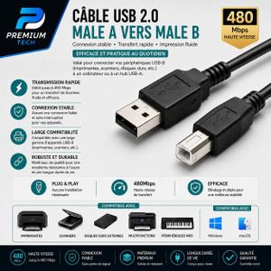 Câble USB 2.0 Mâle A vers Mâle B – Haute Vitesse 480 Mbps pour Imprimante, Scanner et Périphériques MIDI