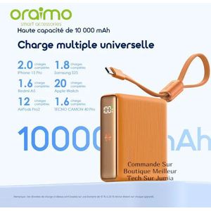 Oraimo PowerNova L11 - Power Bank 10000mAh Orange - 22.5W Charge Super Rapide - Affiche Batterie - Compatible Samsung Huawei Redmi Tecno Iphone Type-C Etc