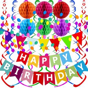 TodyJeyHo Bannière d'anniversaire avec bannières de papier colorées, cerceaux en papier, confettis, grands bouquets, épingles et boule alvéolée pour la décoration d'une fête d'anniversaire
