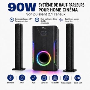 LP LP-XY6A Barre de son 90W Puissance élevée 2.1 Channel pour la maison, détachable avec caisson de basses 6,5" et unités tweeter, Bluetooth, AUX, affichage LED, noir