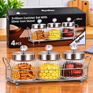 Ensemble de Bocaux de Conservation Alimentaire en Verre Transparent Nervuré avec Support Métallique, 3 Contenants de 500 ml pour Bonbons et Chocolats