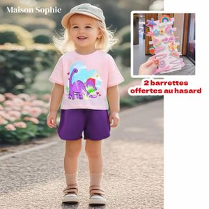T‑shirt à manches courtes en coton pour enfant fille, motif dinosaure coloré, 2 barrettes offertes