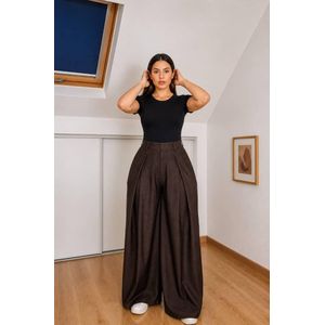 Mode Pantalon large taille haute femme – Marron chic avec top noir