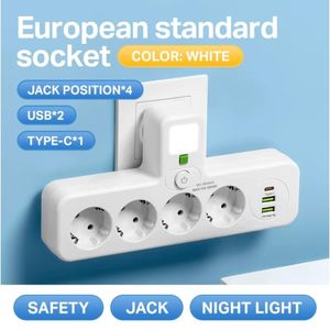 Multiprise Murale 4 Prises EU + 2 USB + Type-C + Veilleuse LED - Interrupteur Séparé 2500W - Blanc