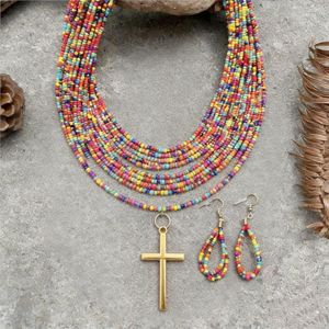Ensemble de Bijoux à Croix Multicolore 2pcs - Collier à Chaîne Croix et Perles Multi-couches + Boucles d'Oreilles - Style Bohème Déclaration pour Femme - Soldes