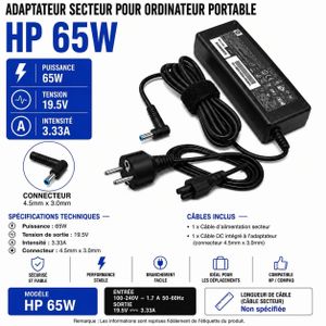 Hp Chargeur 65W Pour Pc 19,5V 3,33A –  4,5 × 3,0 mm,