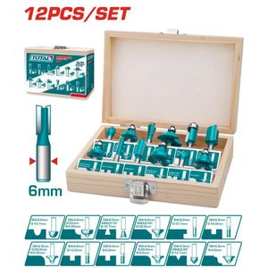 TOTAL Coffret De 12 Fraises Pour Defonceuse Et Affleureuse (TACSR0121) - Queute 6mm En Boite En Bois