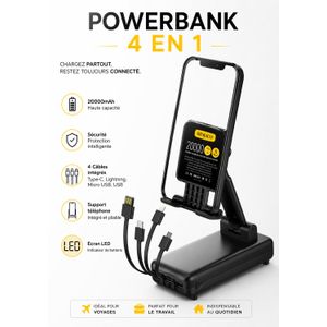 Article BEMACO C22 – Power Bank 20000mAh 4 en 1 avec Support Téléphone et Câbles Intégrés