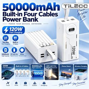 TiLECC Batterie Externe 50000mAh, Chargeur Portable 120W Super Rapide, Charge Rapide PD Bidirectionnelle, 4 Câbles Intégrés, Affichage Numérique, Plusieurs Ports USB et Type-C
