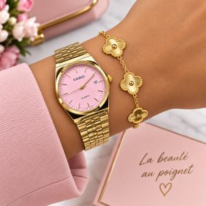 Casio Montre Femme  Quartz Dorée – Cadran Rose – Bracelet Métallique