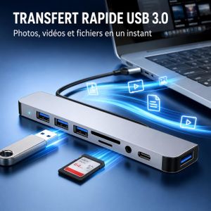 Hub USB-C 7 en 1 en Aluminium : 3 Ports USB 3.0, SD/TF, Jack 3.5mm & USB-C, avec Adaptateur USB Offert, Plug & Play pour MacBook, iPad Pro, Surface et Android