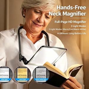 Loupe moderne pour personnes âgées, grand objectif, design mains libres à porter autour du cou, lumière LED vive, température de couleur réglable, lampe de lecture