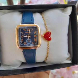3D Fashion Box cadeau dame  composé de montre  bleu et bracelet Doré 45cm En Acier Inoxydable pendentif rond idéal cadeau pour saint  valentin , anniversaire, mariage 