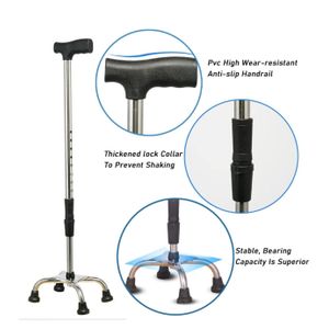 Bâton de Marche À Quatre Pieds Béquilles Légères en Acier Inoxydable avec 9 Niveaux de Hauteur Réglables Canne de Marche À 4 Pieds pour Les Patients Âgés 