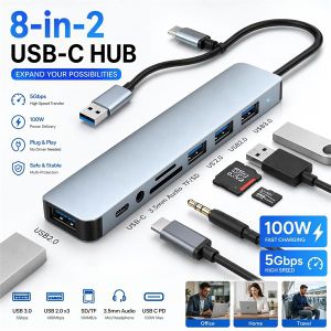 Litglobe Station d'accueil multifonctionnelle 8 en 2 à double tête, adaptateur multiport USB, équipée d'un port de données Type-C et d'un port USB-A 3.0