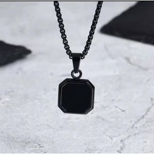 Longue chaîne Homme 60 cm Noir ,   En Acier Inoxydable Pendentif carré Noir idéal cadeau de saint valentin, anniversaire,  mariage, baptêmes 