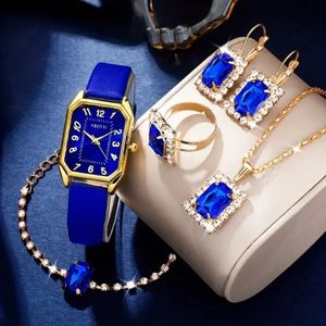 MONTRE D'AFFAIRES À QUARTZ DÉCONTRACTÉE FEMMES CADRAN CARRÉ-ENSEMBLE BIJOUX DE LUXE À  LA MODE-CADEAU- 5 En 1- Bleue