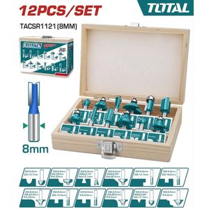 TOTAL Coffret De 12 Fraises Pour Defonceuse Et Affleureuse (TACSR1121) - Queue 8mm En Boite En Bois