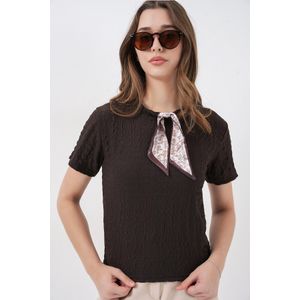 Bigdart Chemisier en maille à manches courtes pour femme, orné d'un foulard, référence 981 - Marron