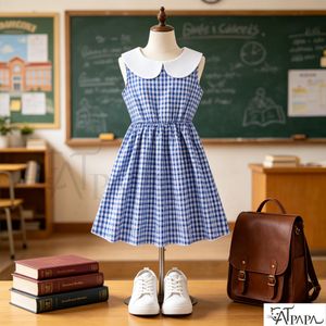 Catpapa Robe scolaire sans manches pour filles de 6-10 ans, motif carreaux bleu et blanc