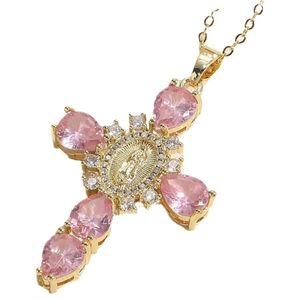 Vente de liquidation bijoux dorés ! Collier croix plaqué or Notre-Dame de Guadalupe avec cristaux roses - Bijoux religieux pour femme