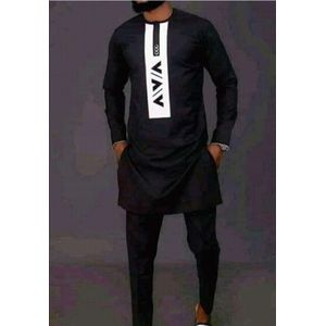 Ensemble Traditionnel Africain Homme - Tunique, pantalon et grand boubou  Blanc à motifs Noirs - Abada - Afro Traditional Shop