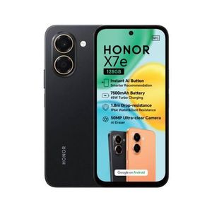 Honor Système d'exploitation Android 16 MagicOS 10   Écran 6.61 pouce 720x1604 pixels   Batterie 7500 mAh Li-Poly   Performances 6Go RAM Helio G81 Ultra   Appareil photo 50Mpx 1080p   Stockage 6/256Go