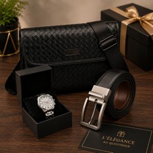 Ensemble Homme 3 Pièces – Sacoche, Montre et Ceinture en Cuir – Élégant et Moderne