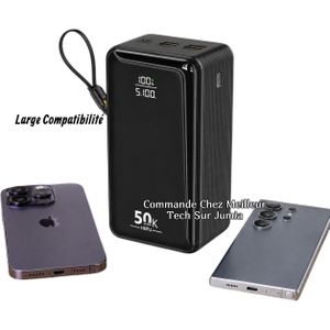 Oraimo Power Bank Ultra Capacité 50000mAh HP-255 Noir - Charge Rapide 22.5W PD 3.0 Et QC 3.0 - Affiche Tension - 4 Câbles Intégré
