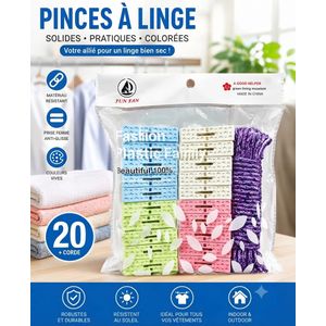 Lot de 20 Pinces à Linge Colorées avec Corde de Séchage - Résistantes et Pratiques