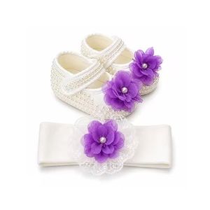 Chaussures bébé fille blanches – Fleurs colorées & perles - Violet