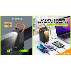 Oro Orallme Power Box 1000 ME-871 - Power Bank 100 000 mAh - Charge Ultra Rapide 22.5W - Câbles Intégrés