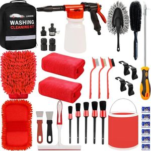 Kit de Lavage et Nettoyage Auto Complet  – Pistolet Mousseur, Gants Microfibre, Seau Pliable, Brosse Jantes & Accessoires Intérieur/Extérieur