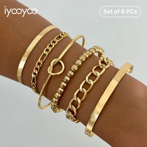 iyooyoo Ensemble de 6 bracelets pour femme – bracelets et gourmettes couleur or, comprenant des manchettes ouvertes, des chaînes et des bracelets à perles
